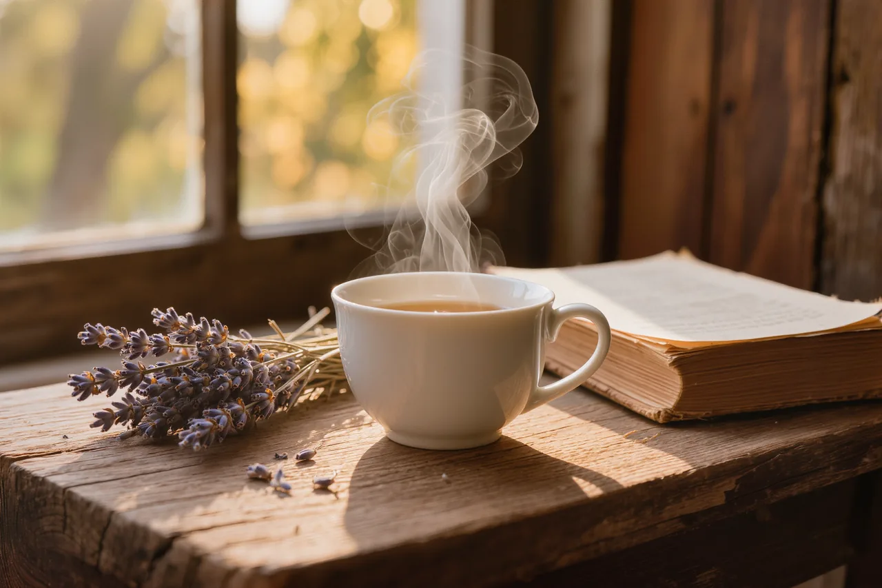 Dampfende Tasse Tee auf rustikalem Holztisch am Fenster, Lavendel und ein aufgeschlagenes Buch im warmen Morgenlicht